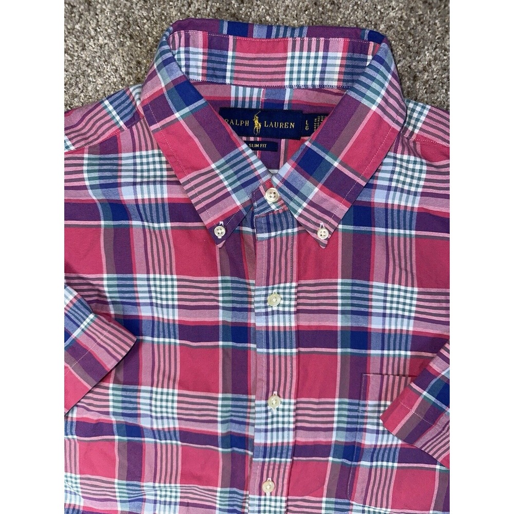 Polo Ralph Lauren Mens Large Slim Fit Short Sleeve Plaid‎ Button Up Shirt Cotton - Picture 4 of 8